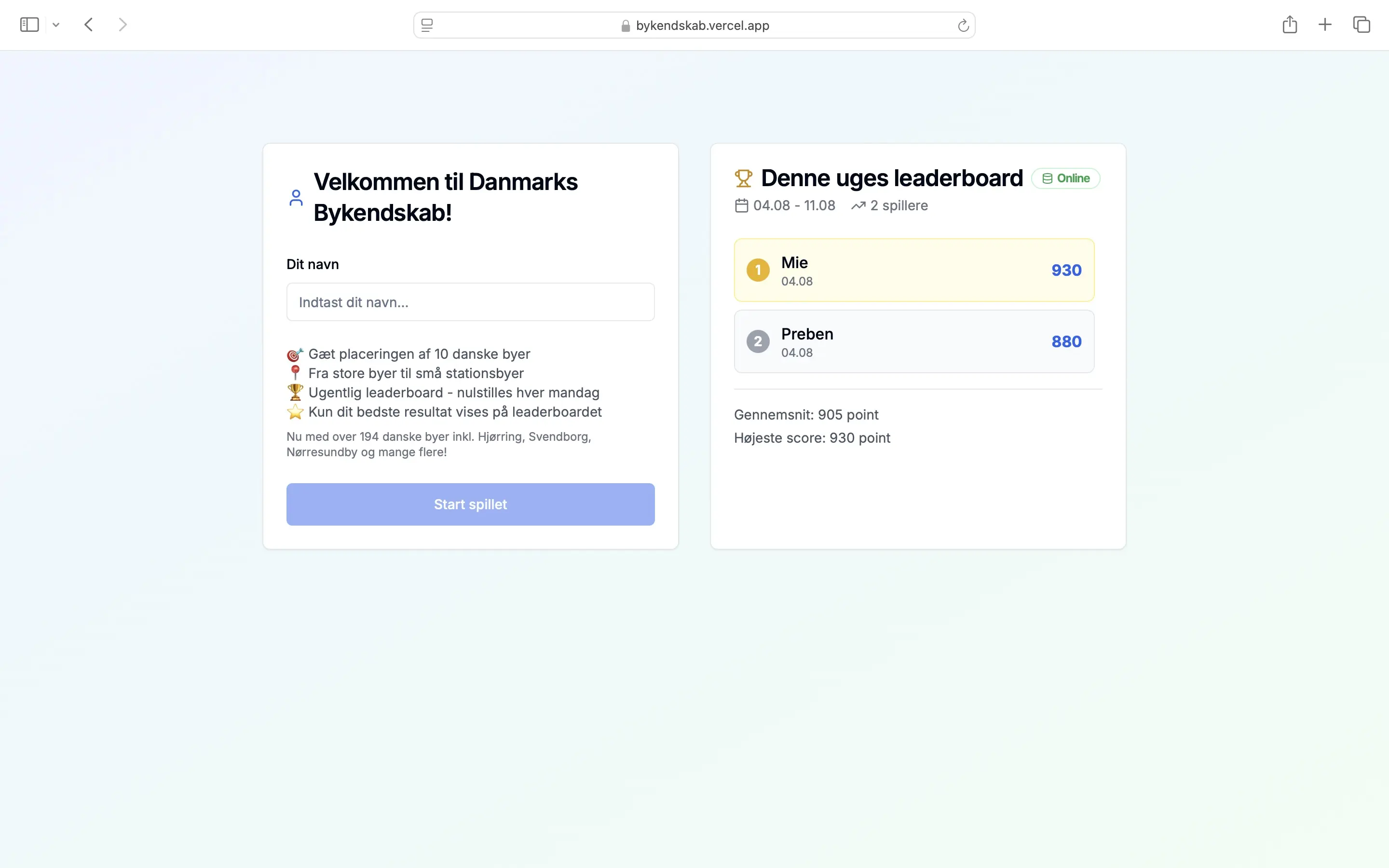 Screenshot of leaderboard functionality