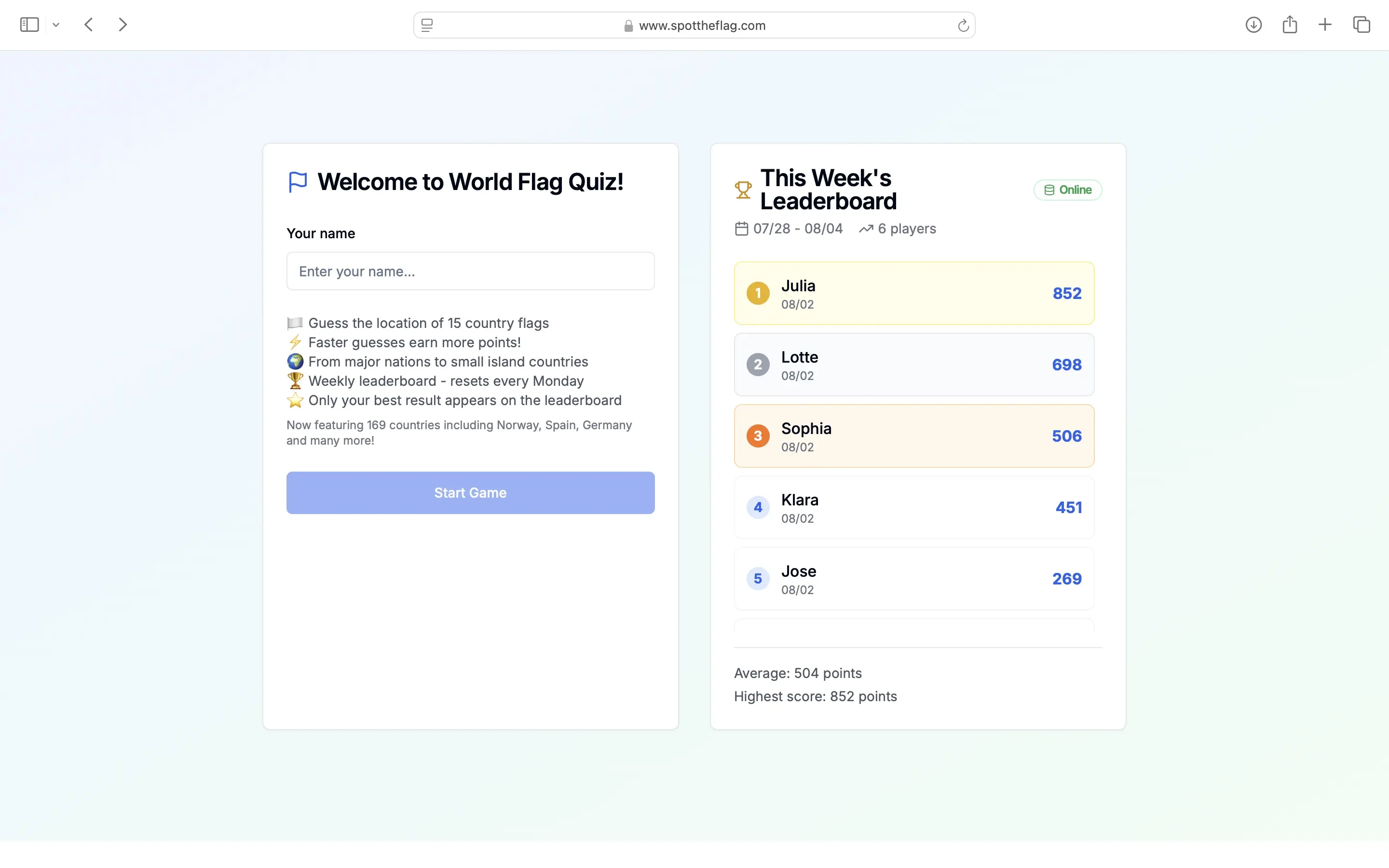 Front page where user types name and where weekly leaderboard is shown