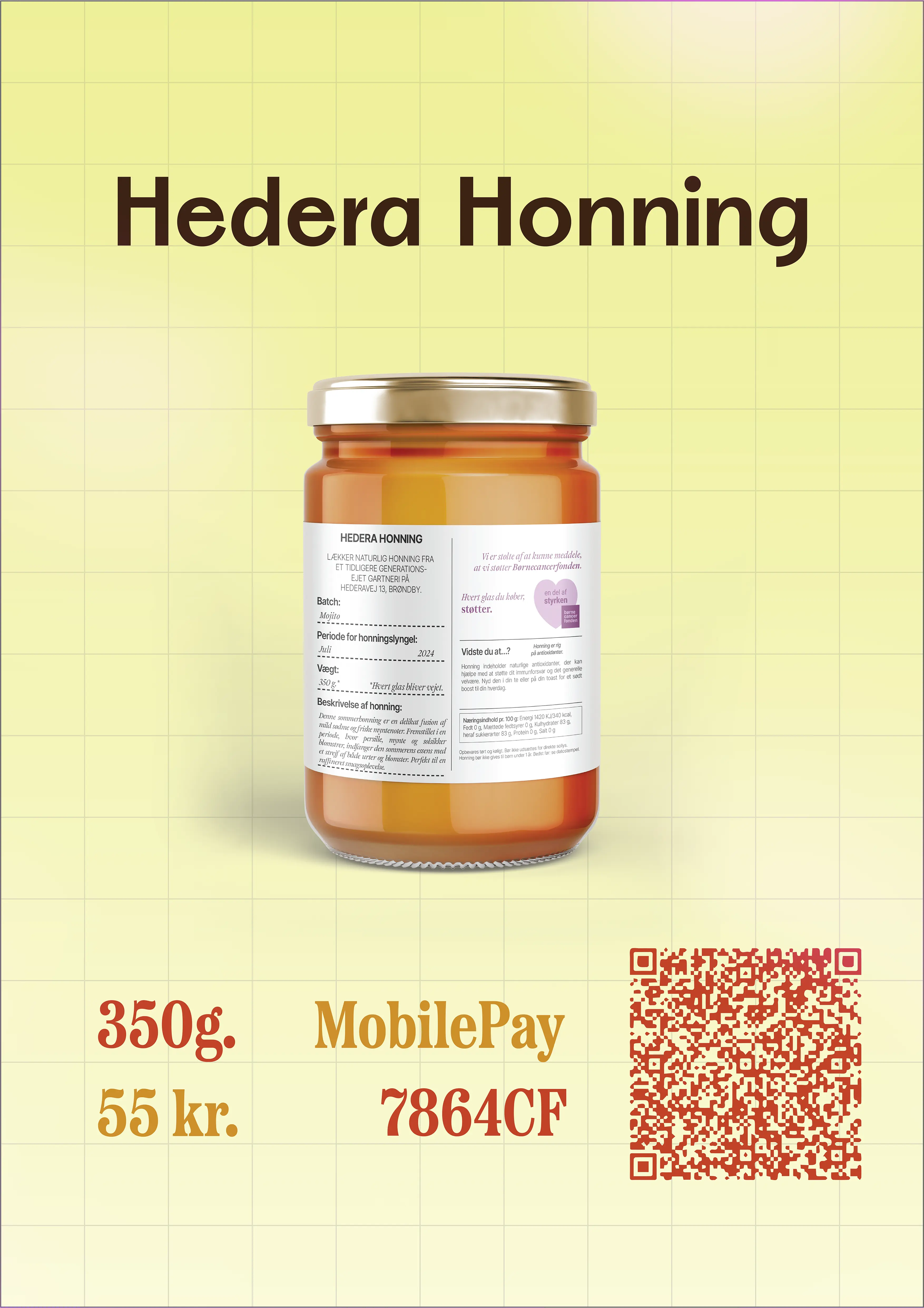 Hedera Honning promotional poster 1: Airy layout of soft honey-yellow gridlines and rich brown text frames a glowing, photorealistic jar of honey, while a bold red QR code adds contrast and draws the eye for quick scanning.