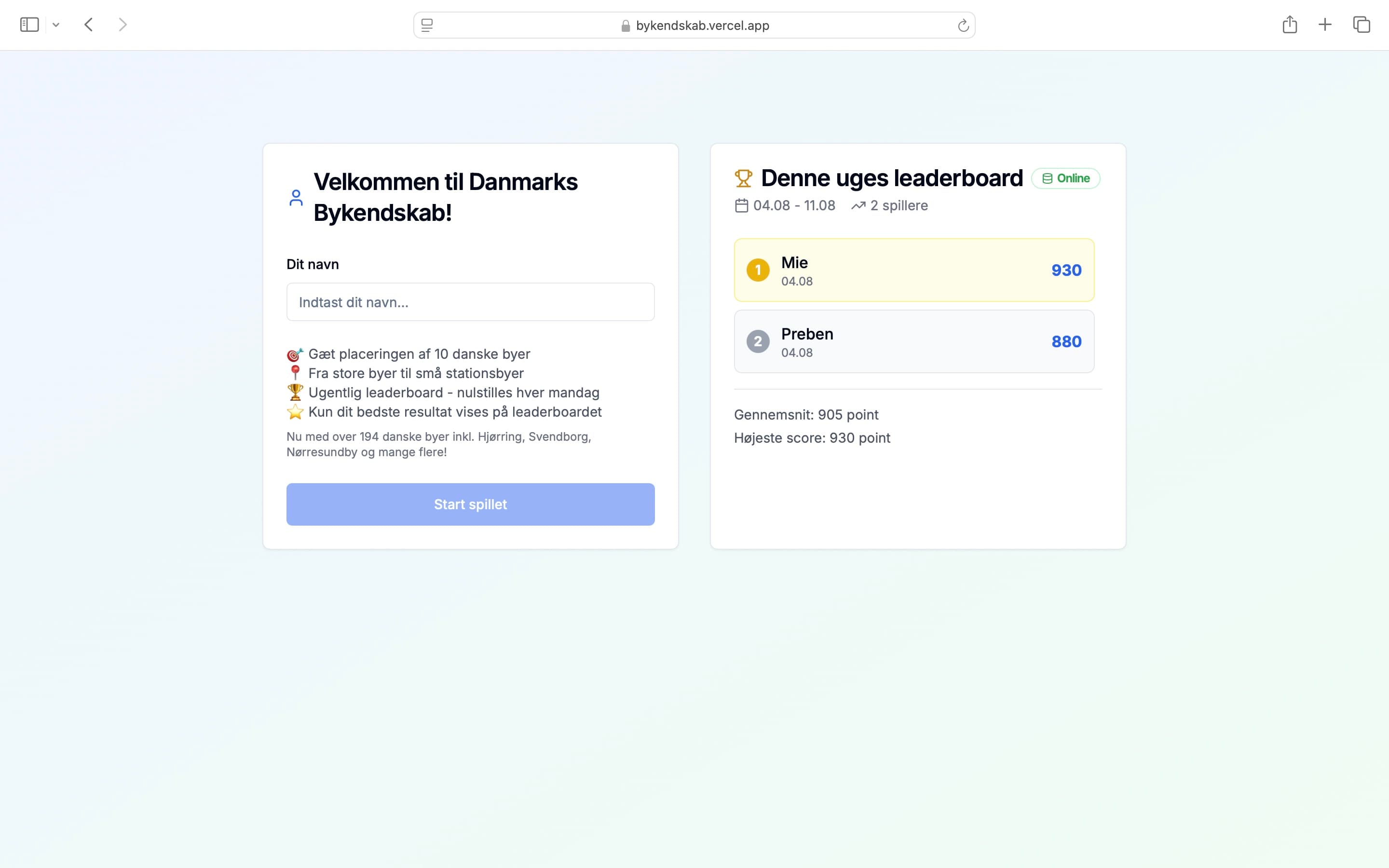 Screenshot of leaderboard functionality