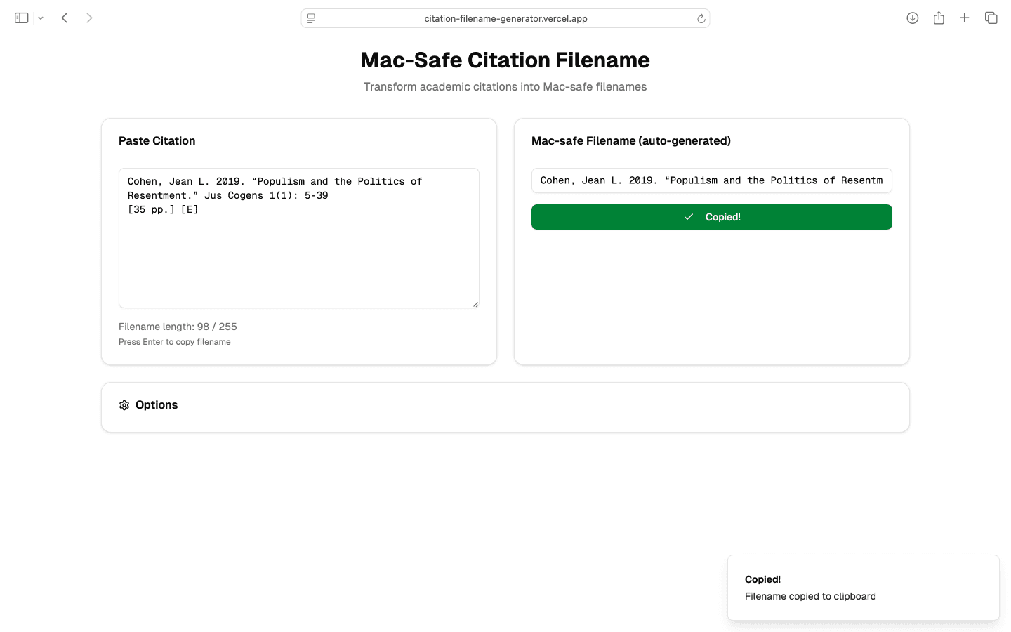 Screenshot of input textarea and sanitized filename output