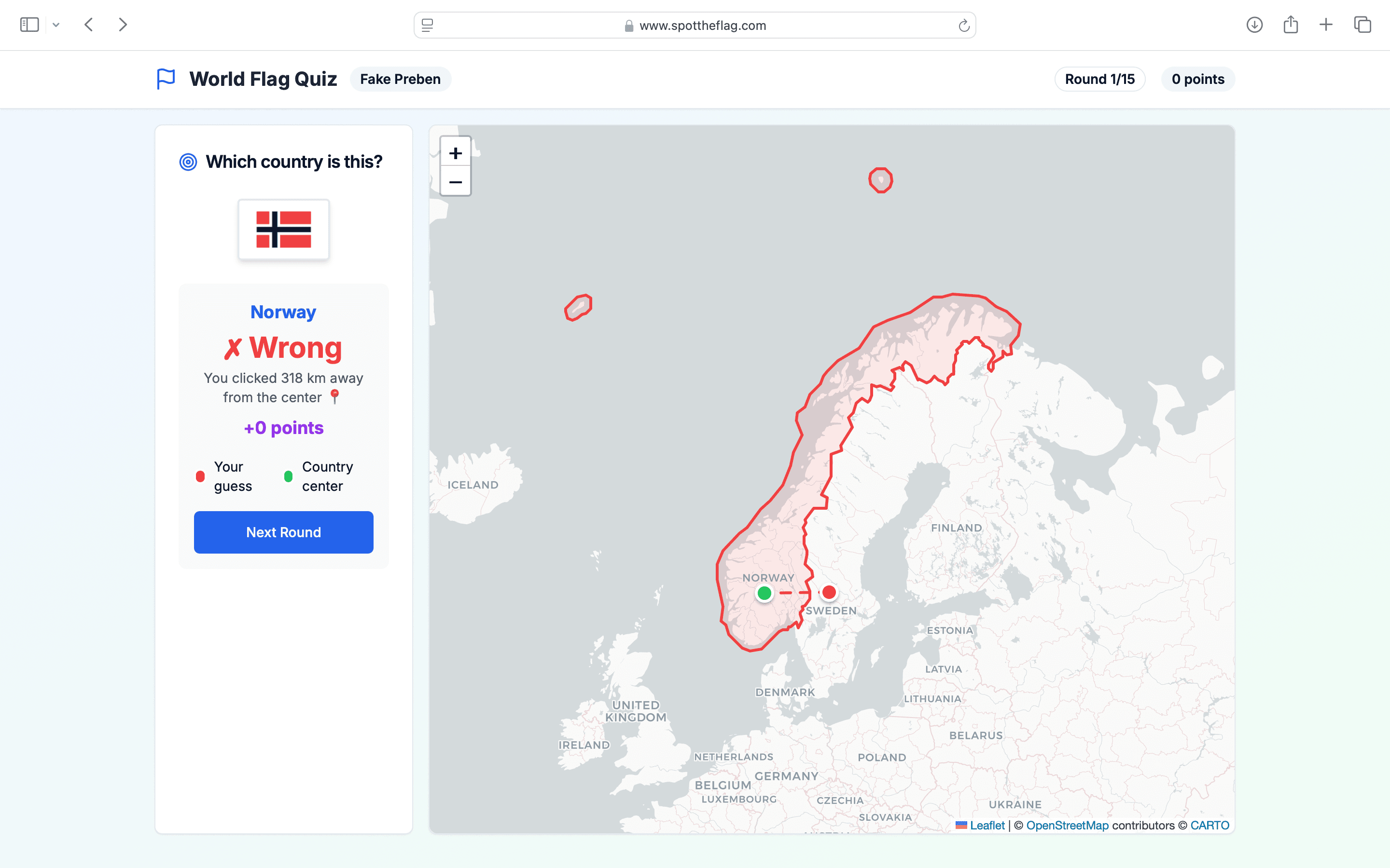 Screenshot of website SpotTheFlag showing wrong country pick