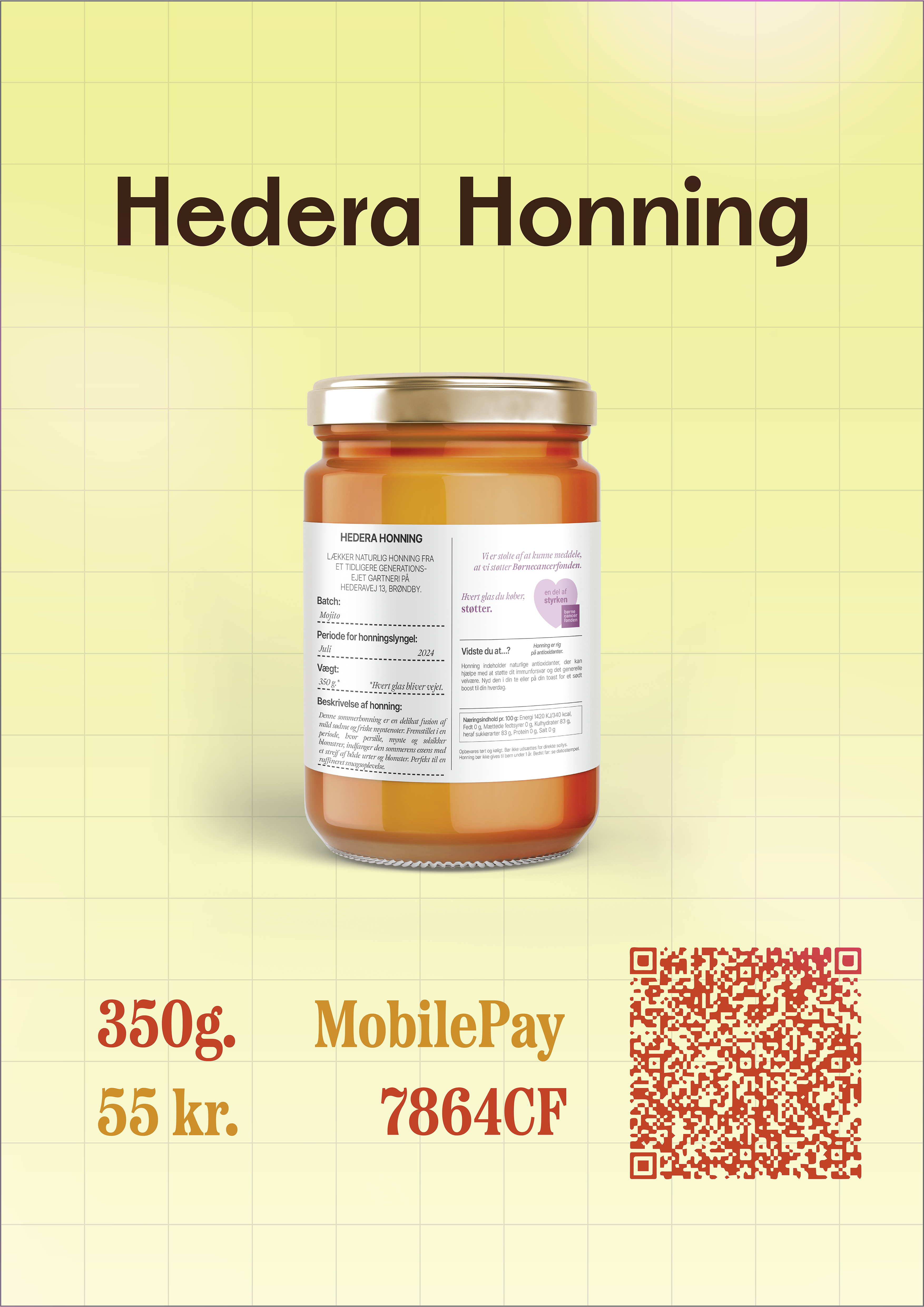 Hedera Honning promotional poster 1: Airy layout of soft honey-yellow gridlines and rich brown text frames a glowing, photorealistic jar of honey, while a bold red QR code adds contrast and draws the eye for quick scanning.